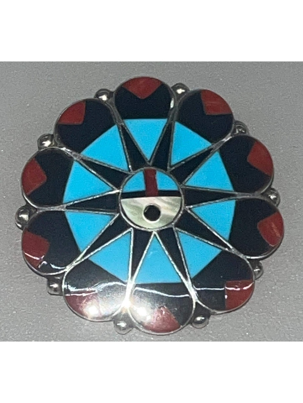 Native American Zuni inlay sunface sterling silver turquoise, coral, onyx bolo